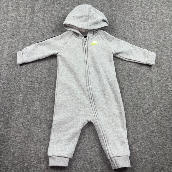 Nike Baby 9mo. Infant Hooded Grey Full Zip Coverall Jumpsuit Romper Comfort - Picture 1 of 9